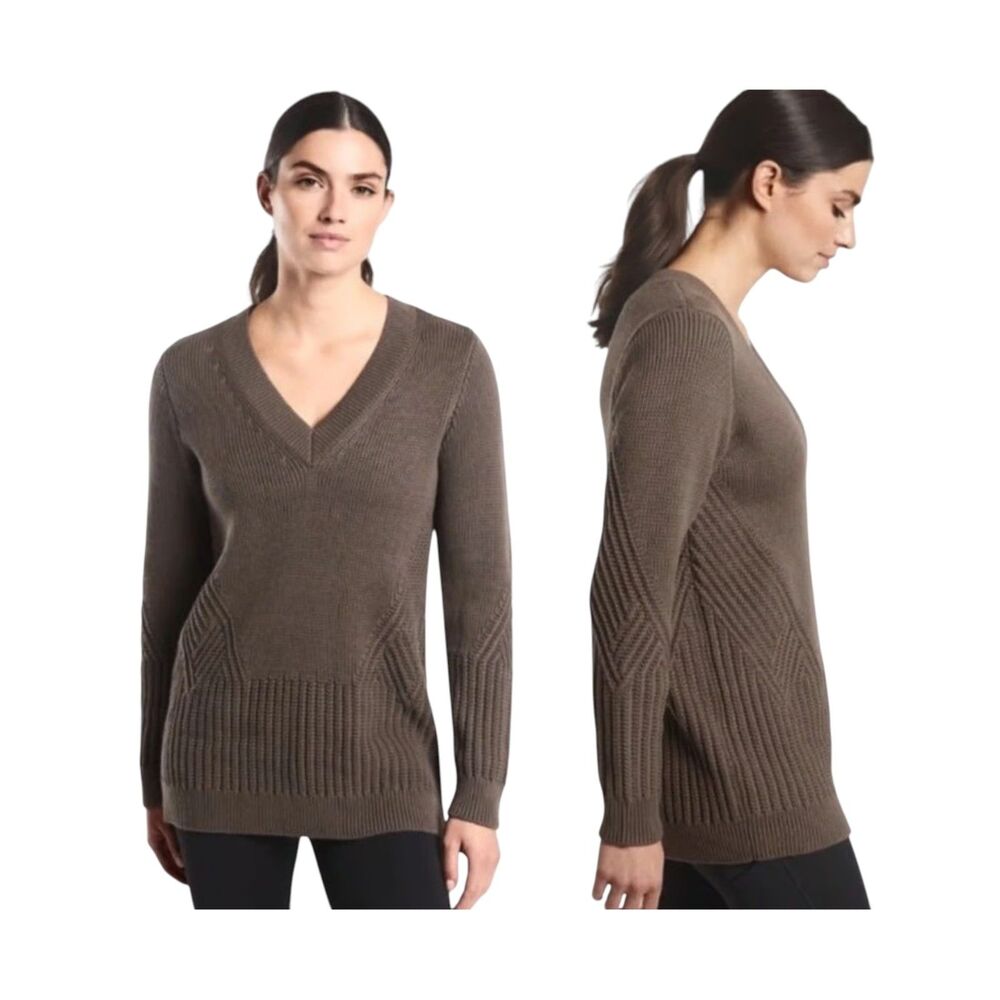 Athleta Taupe Brown Chunky Knit V-Neck Tunic Sweater Oversized Womens XS